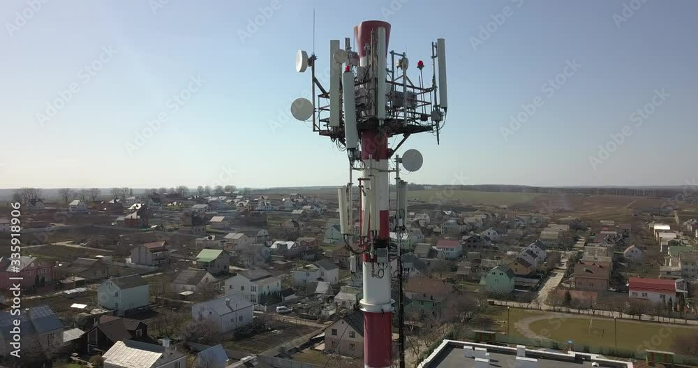 Telecommunication tower of 4G and 5G cellular. Base Station or Base Transceiver Station. Wireless Communication Antenna Transmitter. Telecommunication tower with antennas against blue sky. Telecommunication tower of 4G and 5G cellular. Base Station or Base Transceiver Station. Wireless Communication Antenna Transmitter. Telecommunication tower with antennas against blue sky.