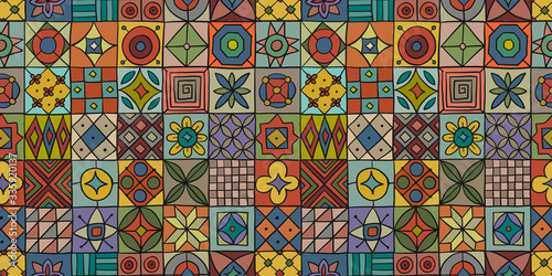 Talavera pattern. Indian patchwork. Turkish ornament. Moroccan tile mosaic. Spanish decoration. Ethnic background. Seamless pattern for your design