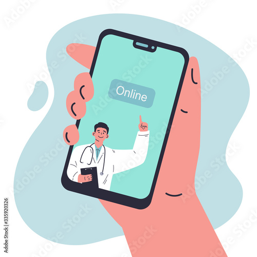 Coronavirus pandemic.Medicine during quarantine.Doctor online on mobile phone.Doctor with online medical consultation concept.Healthcare services,Vector colorful illustration.Flat cartoon character