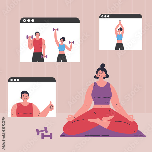 Coronavirus pandemic.Online courses of yoga and sport.Online workout.Video training with the trainer.Doing sports during coronavirus quarantine.Vector colorful illustration.Flat cartoon character