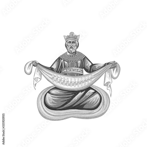 Φωτογραφία King with scarf and 12 scrolls. Part of Pentecost icon sketch