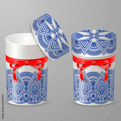 Richly decorated with blue lace pattern round gift boxes. Cylindrical cardboard or metal containers with a red ribbon and a bow. Set of Open and closed design. Vector illustration