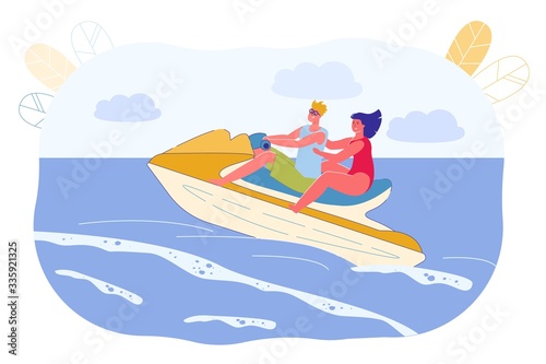 Man and Girl Have Fun Riding Water Boat, Cartoon.