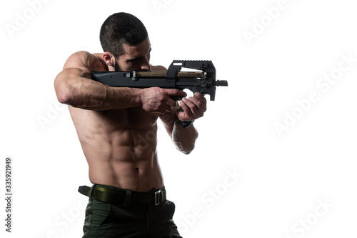 Bodybuilder Man Holding Gun Isolated on White Background