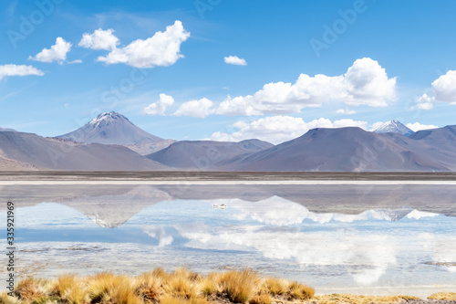 Landscape reflection in The Salar de Aguas Calientes Lagoon, San Pedro de Atacama, Chile