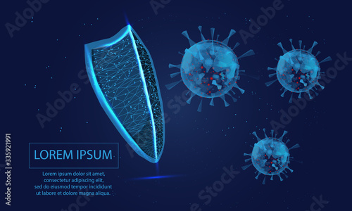 Virus protection, Coronavirus molecule, Polygonal security shield abstract image isolated on a blue background. Business concept illustration of data protection. Low poly wireframe, geometric triangle