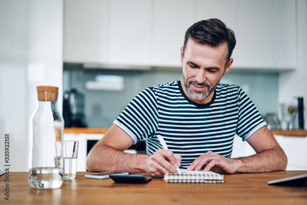 Picture of happy man managing personal budget with calculator and notebook Picture of happy man managing personal budget with calculator and notebook