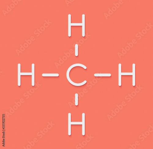 Methane natural gas molecule. Main component of natural gas and LNG (liquefied natural gas) and biogas, produced by fermentation. Skeletal formula. photo