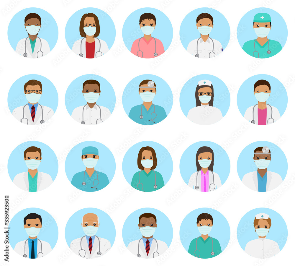 Doctors and nurses characters avatars set. Medical people icons of faces with mask on a blue background. Flat style vector illustration. Doctors and nurses characters avatars set. Medical people icons of faces with mask on a blue background. Flat style vector illustration.