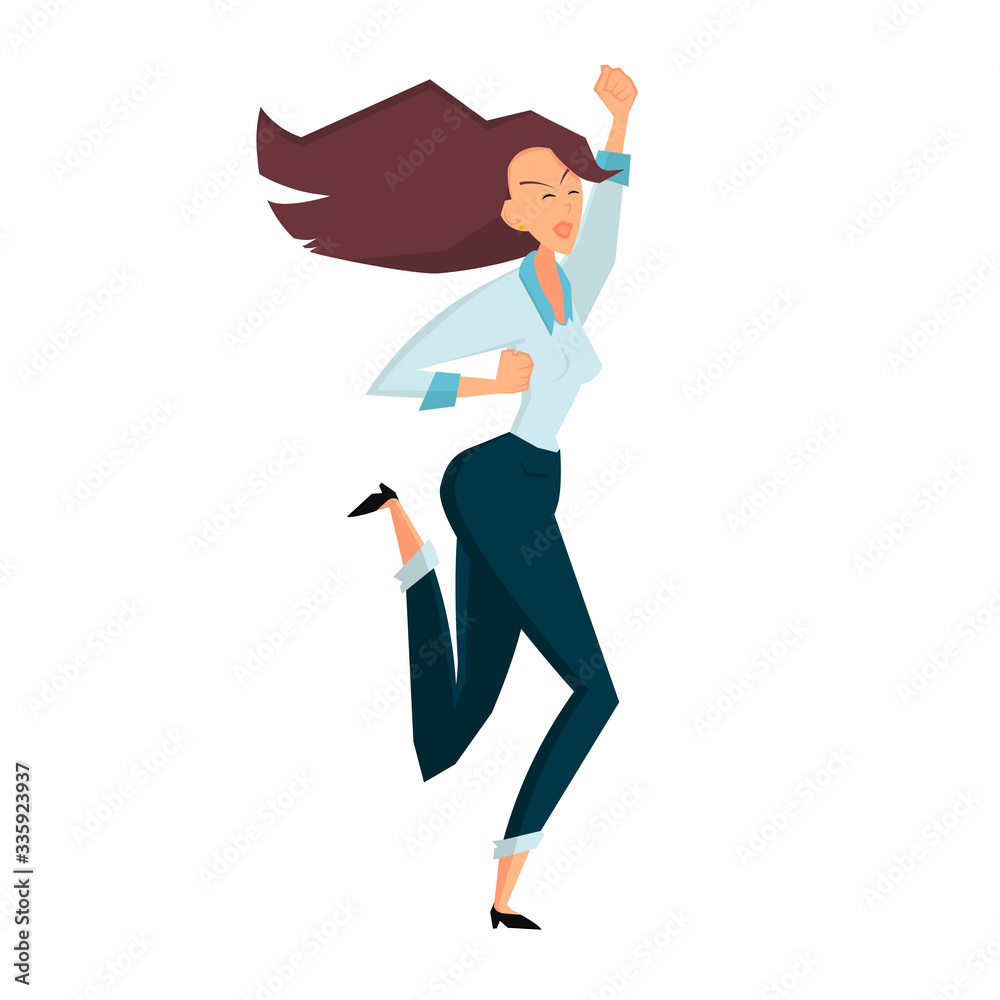 Joyful businesswoman jumping in office room. Color flat vector illustration Joyful businesswoman jumping in office room. Color flat vector illustration