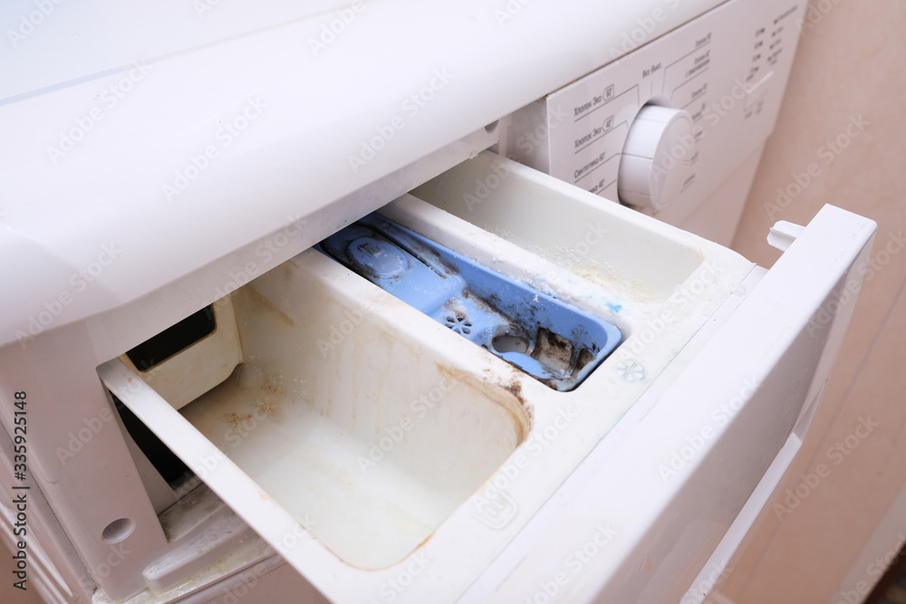 Dirty moldy washing machine detergent and fabric conditioner dispenser