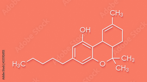 THC (delta-9-tetrahydrocannabinol, dronabinol) cannabis drug molecule. Skeletal formula. photo