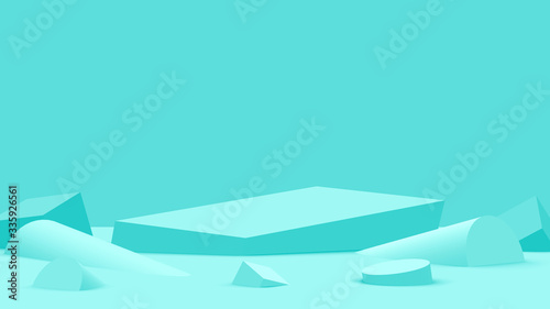 3d blue green bright scene minimal studio background. Abstract 3d geometric shape object illustration render. Display for fashion holiday and summer product.