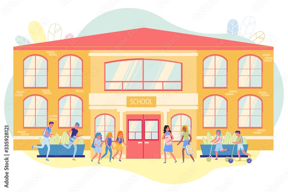 Obraz premium Children Group Coming to School in Morning Flat.