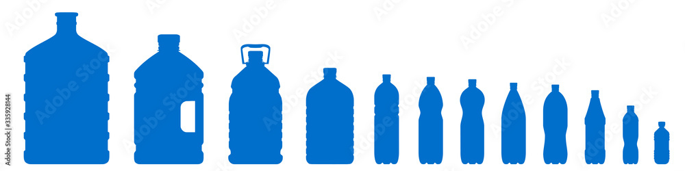 Set of plastic bottle icons isolated on white background. Plastic bottles of various sizes. Contours of bottles for water, lemonade – vector - obrazy, fototapety, plakaty 