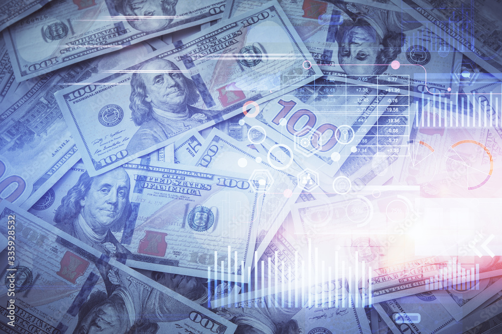 Double exposure of data theme drawing over us dollars bill background. Technology concept. Double exposure of data theme drawing over us dollars bill background. Technology concept.