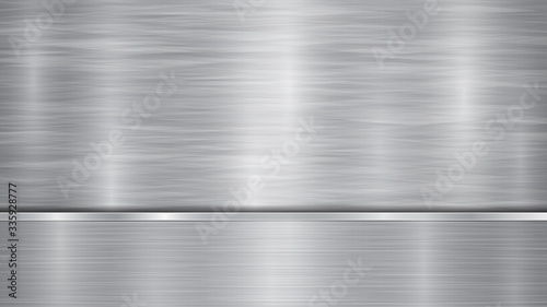 Background in silver and gray colors, consisting of a shiny metallic surface and one horizontal polished plate located below, with a metal texture, glares and burnished edges