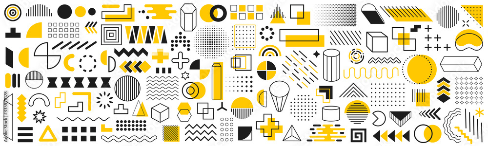 Set of geometric shapes. Memphis design retro elements. Collection trendy halftone geometric shapes. Retro funky graphic, 90s trends designs and vintage print element collection – vector