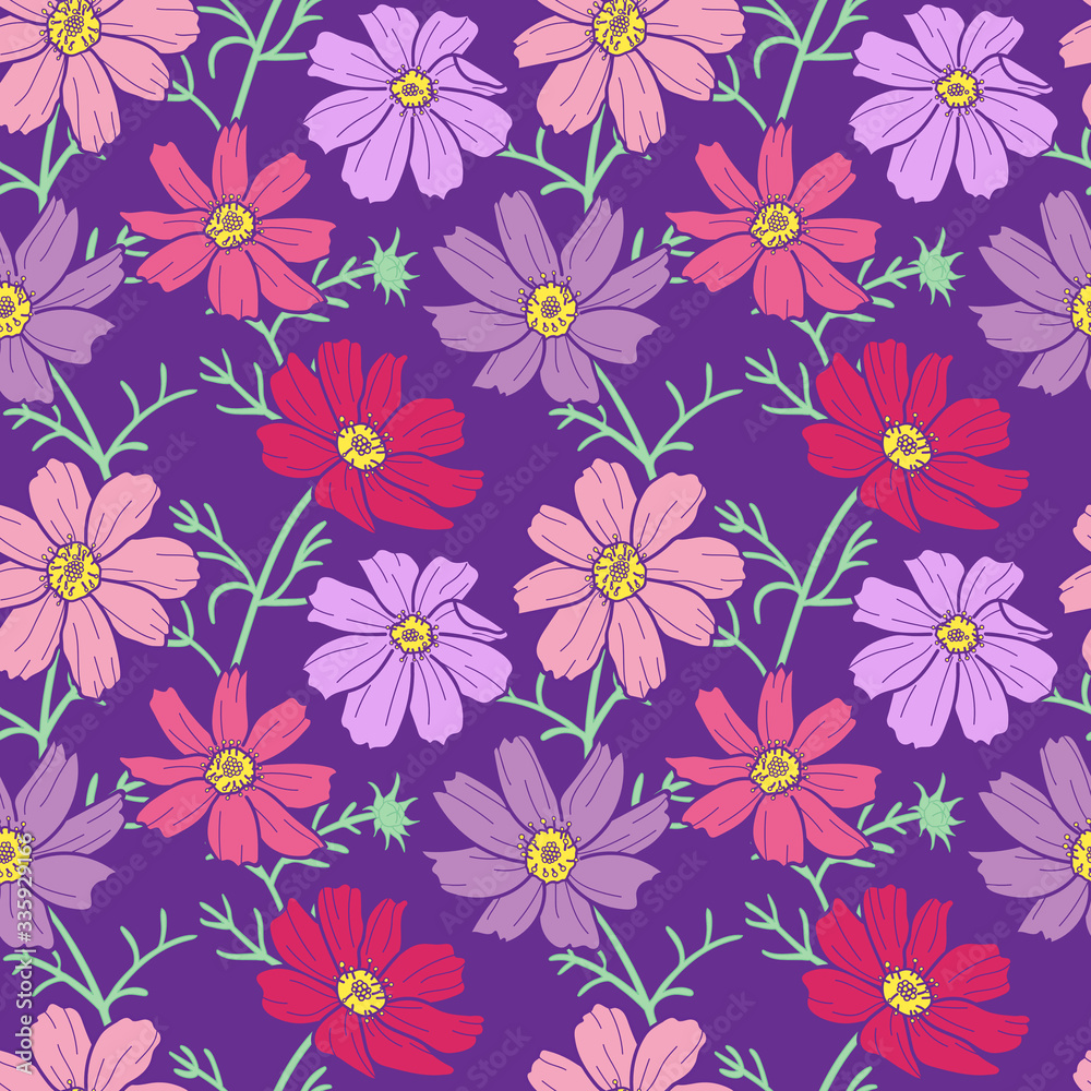 Black and white cosmos flowers seamless pattern on purple background Black and white cosmos flowers seamless pattern on purple background