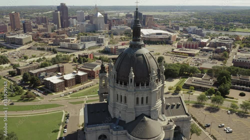 Aerial: flying over the Cathedral of Saint Paul, St. Paul, Minnesota, USA. 28 September 2019