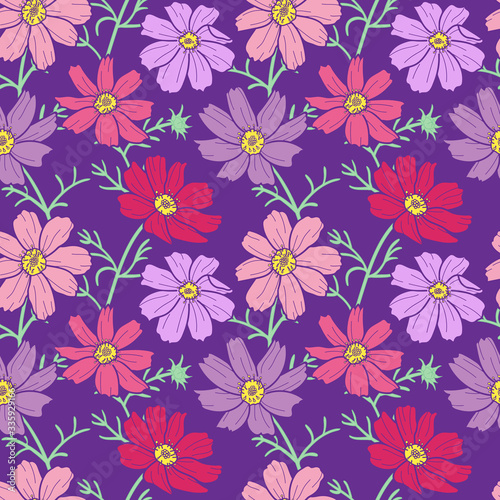 Black and white cosmos flowers seamless pattern on purple background