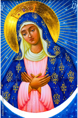 Icône russe orthodoxe sainte vierge marie dieu bleu étoile or couronne rayon soleil peinture lune lumière amour photo