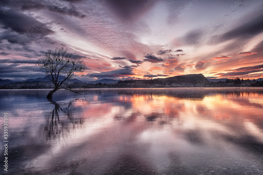 Stunning sunrise at Lake Wanaka, featuring the Lonely Wanaka Tree