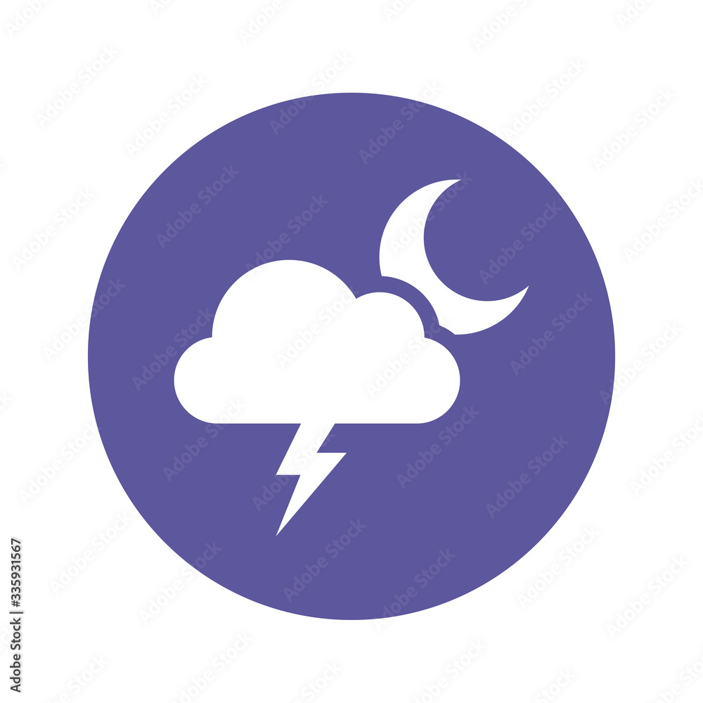 Weather pictogram. Forecast icon. Night cloud with thunder symbol. Storm coming with lightning. Moon Negative with circle background. Weather pictogram. Forecast icon. Night cloud with thunder symbol. Storm coming with lightning. Moon Negative with circle background.