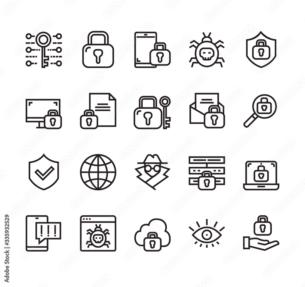 Personal data protection security isolated line icon set collection. Vector flat graphic design cartoon illustration Personal data protection security isolated line icon set collection. Vector flat graphic design cartoon illustration
