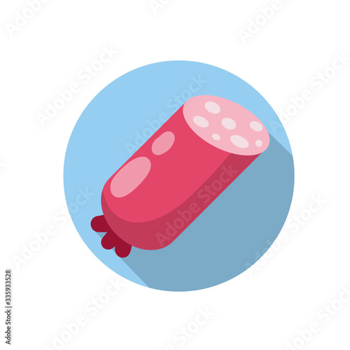 Sausages. Meat food. Red nutrient object. Sliced half of bologna for a sandwich. Icon for the app in a blue circle