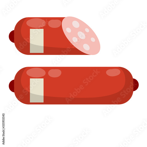 Set of sausage. Meat food. Red nutrient object. Sliced half of bologna for a sandwich. Cartoon flat illustration