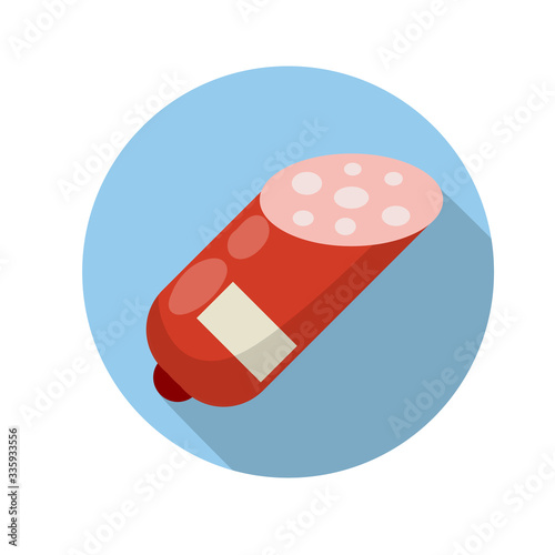 Sausages. Meat food. Red nutrient object. Sliced half of bologna for a sandwich. Icon for the app in a blue circle