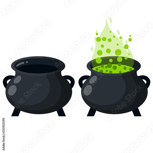 Cauldron and Boiling potion. Black pot  green steam. Set of Element of Halloween. Witch and sorcerer s item. Cartoon flat illustration