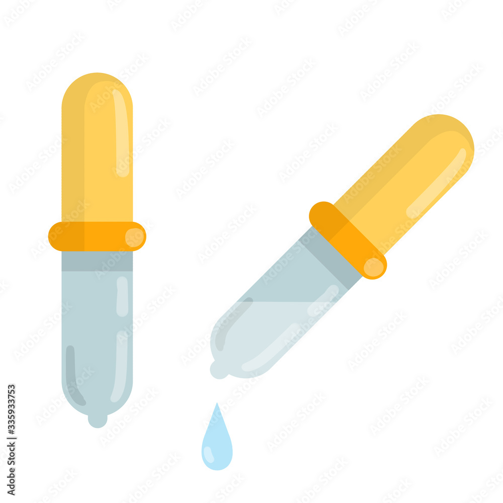 Pipette with orange tip. Water and medicine. Eye drops and eyedropper. Glass dropper. Medical instrument of an optometrist and doctor. Cartoon flat illustration Pipette with orange tip. Water and medicine. Eye drops and eyedropper. Glass dropper. Medical instrument of an optometrist and doctor. Cartoon flat illustration