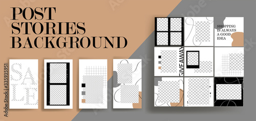  Design backgrounds for social media banner.Set of instagram stories and post frame templates.Vector cover. Mockup for personal blog or shop.Layout for promotion.Endless square puzzle.