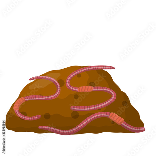 Set of earthworms in pile of ground. Isolated Fishing bait. Cartoon flat illustration. Crawling insect in dirt. Pink worm. Small, slimy, long animal
