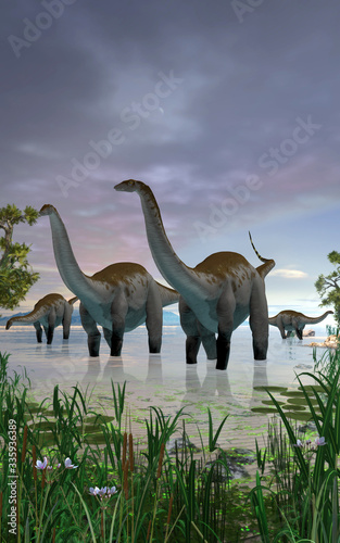 Apatosaurus dinosaur herd in shallow water © ratpack223