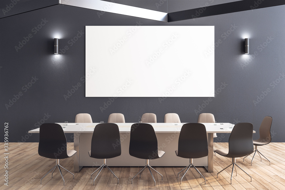 Minimalistic meeting interior with blank banner on wall.