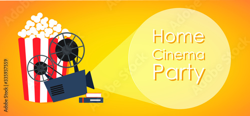 Home movie theater with popcorn and copy space on yellow background. Vector illustartion EPS10