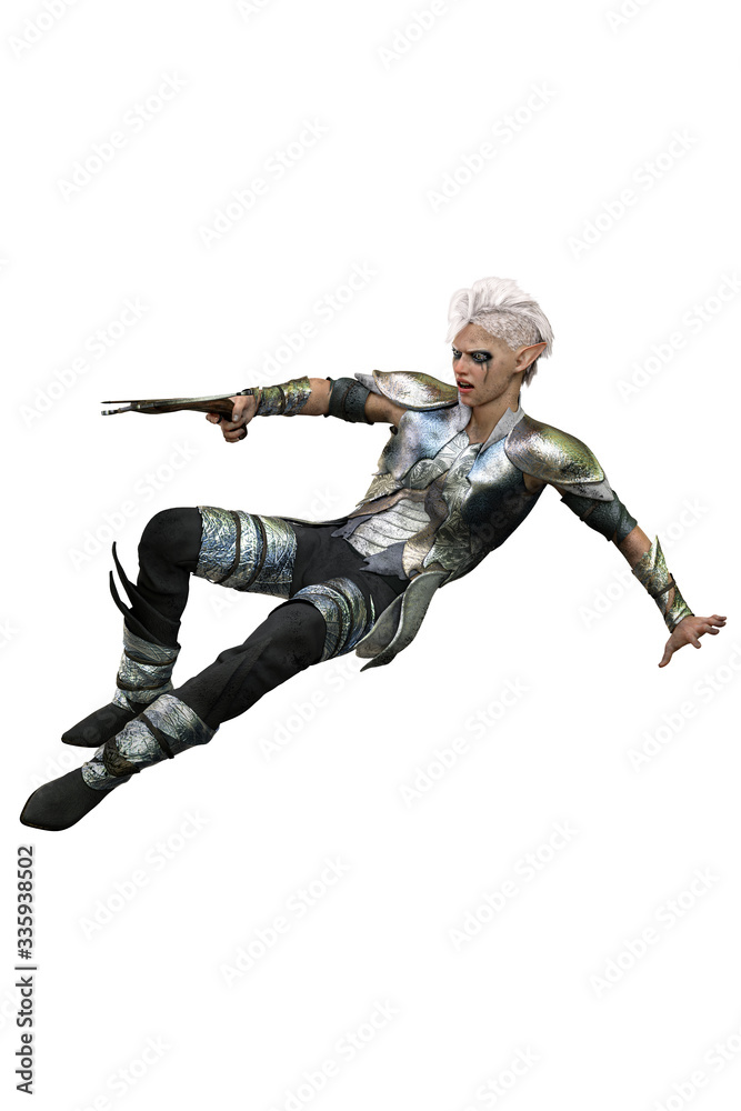 Elf Archer Man with Bow and Arrow on Isolated White Background, 3D illustration, 3D Rendering
