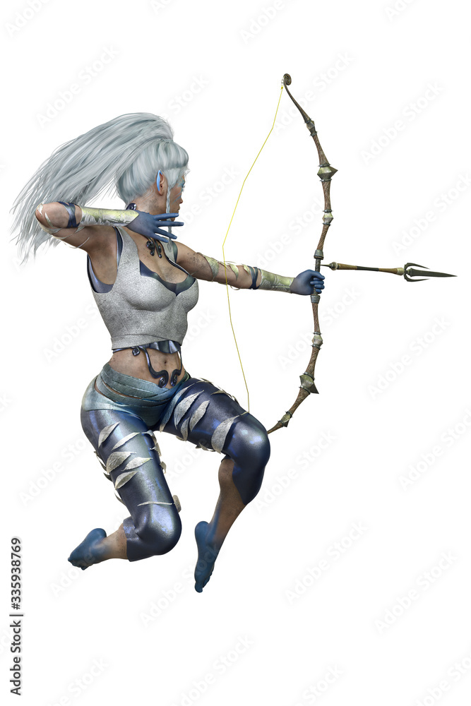 Caucasian Elf Archer Woman with Bow and Arrow on Isolated White Background, 3D illustration, 3D Rendering Caucasian Elf Archer Woman with Bow and Arrow on Isolated White Background, 3D illustration, 3D Rendering