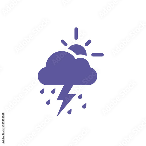 Weather pictogram. Forecast icon. Partially overcast symbol. Cloudy day with sun and thunderstorm. Rainstorm.