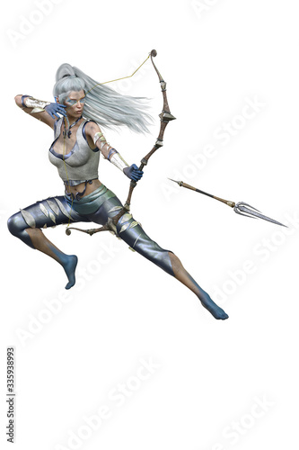 Caucasian Elf Archer Woman with Bow and Arrow on Isolated White Background, 3D illustration, 3D Rendering © Seeker Stock Art