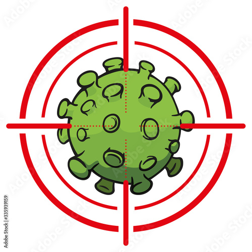 Illustration cartoon with crosshairs over corona virus a microorganism, COVID-19, H1N1, disinfection, sterilization or sanitization. Ideal for educational and institutional material