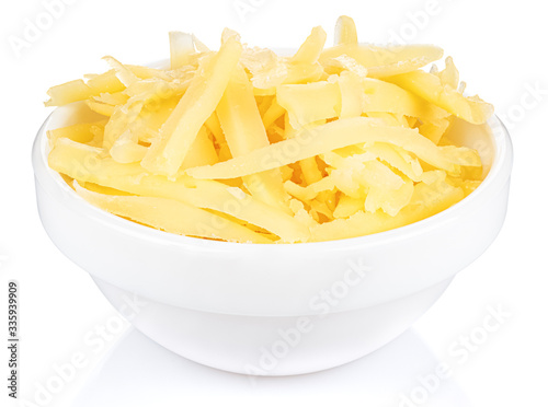 Grated cheese in a small white ceramic round bowl isolated on white background