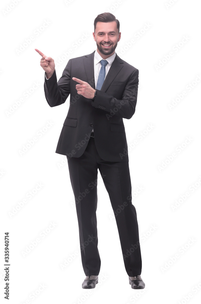 smiling handsome businessman pointing to copy space. isolated on white smiling handsome businessman pointing to copy space. isolated on white