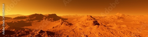 Wide panorama of mars - the red planet - landscape with mountains and impact crater during sunrise or sunset