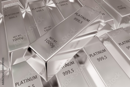Konstfotografi Single platinum ingot on stacked rows of shiny platinum ingots or bars backgroun