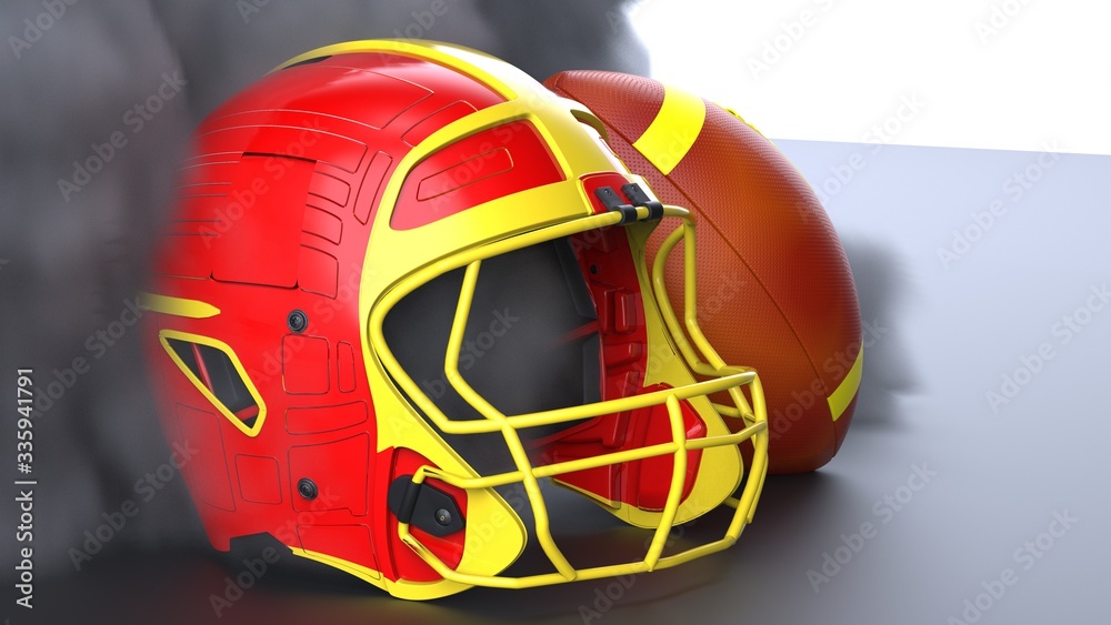 Fototapeta premium American football Red-Yellow helmet and Ball with dark black toned foggy smoke under black-white laser lighting. 3D illustration. 3D high quality rendering.