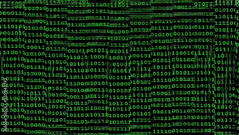 Binary code wall in Matrix film style, green numbers on a black background with glitch interference effect, pixel flicker, seamless looping animation
